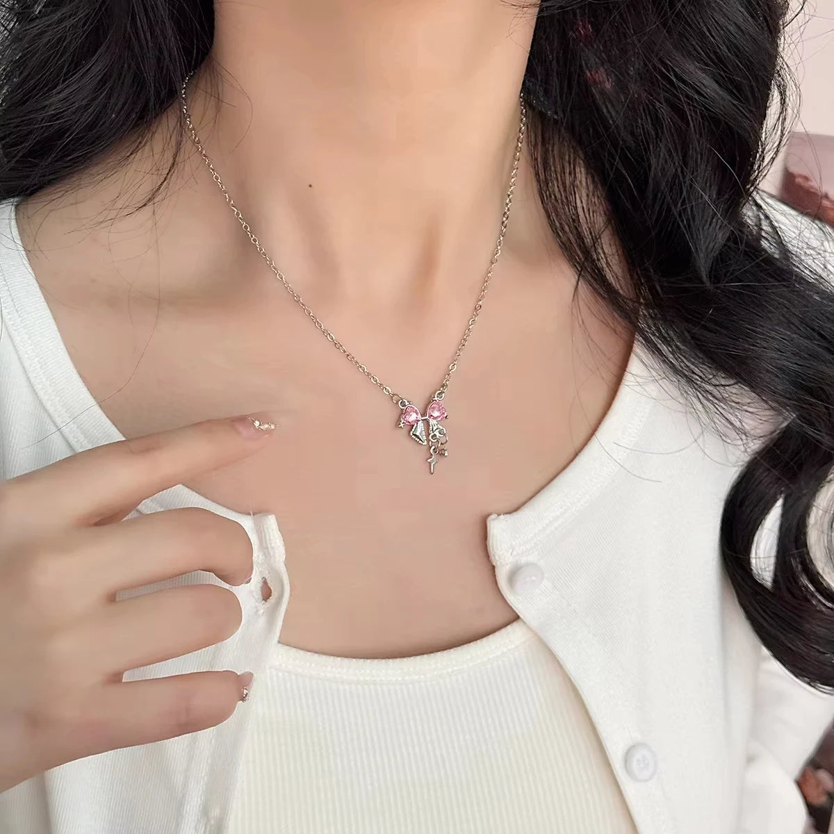 Pink Bow Star Necklace